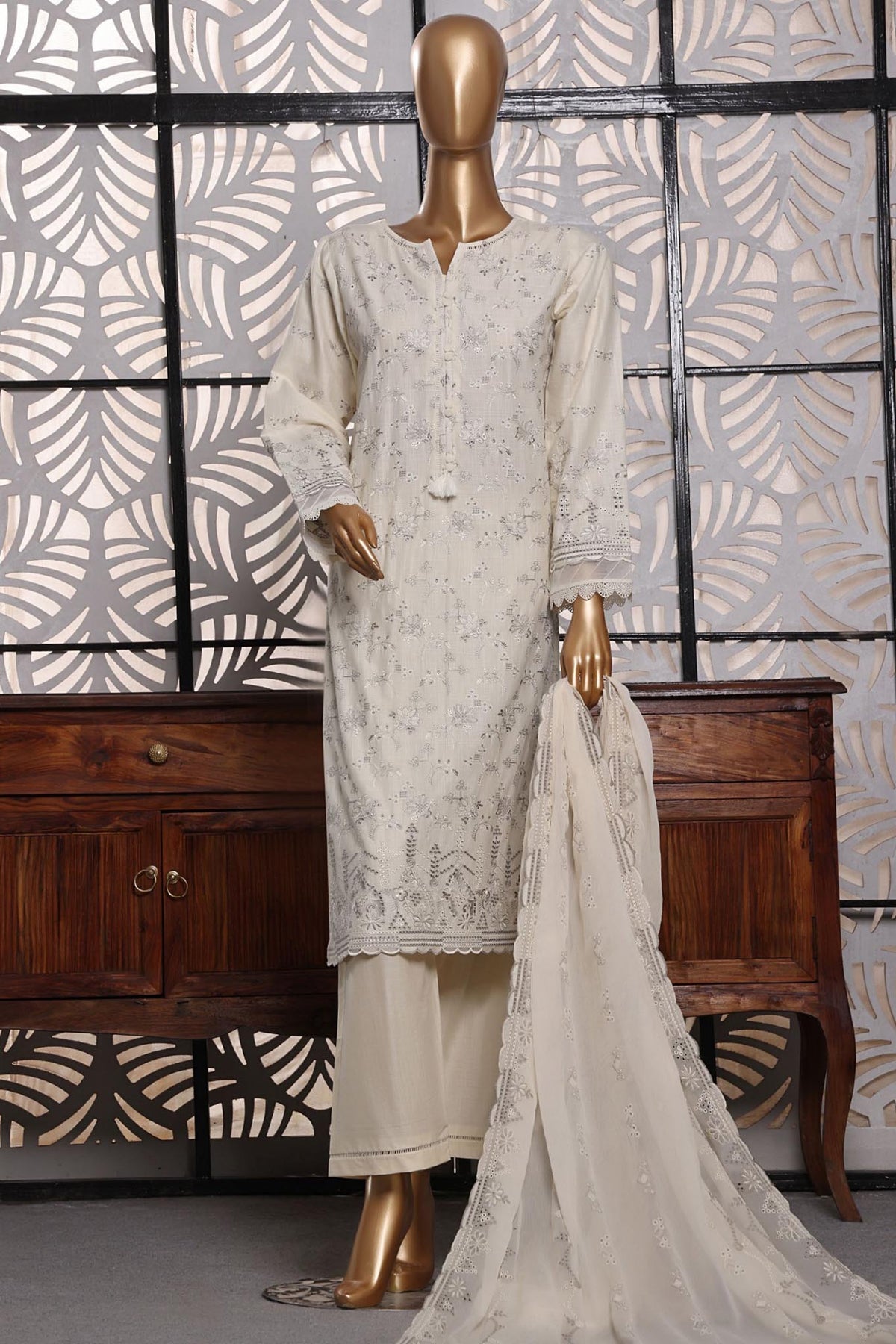 Sada Bahar Stitched 3 Piece Lawnkari Cross Slub Lawn Collection'2024-Cream